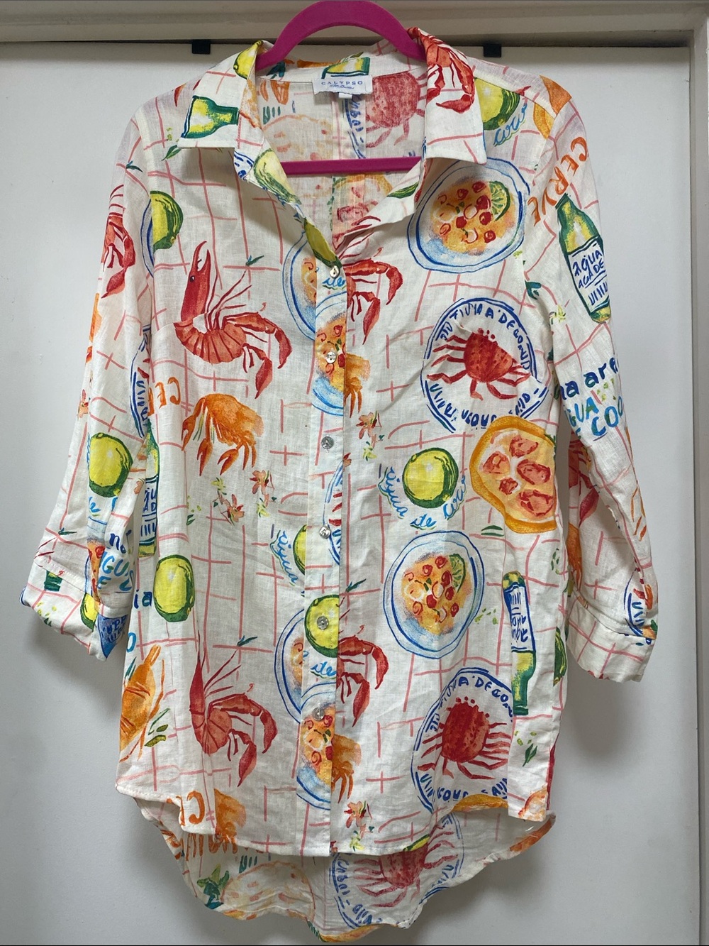 Lightweight Kids Button-Front Shirt in Cream with Colorful Sea Life Print